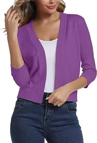 Open Front Casual Cardigan with Three-Quarter Sleeves