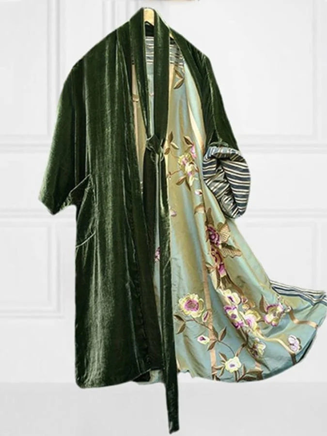 Satin Floral Off-Shoulder Fleece Pajama Dress with Waist Belt
