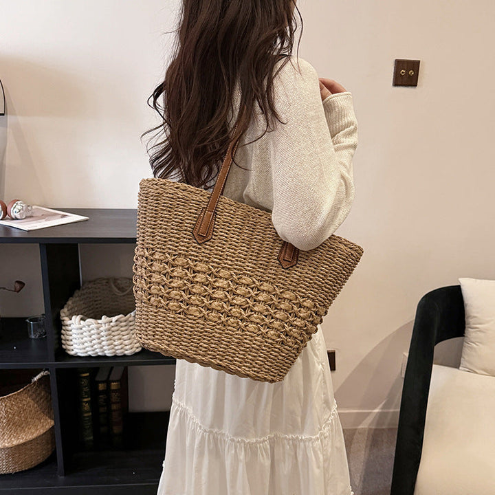 Summer Woven Straw Tote Bag with Faux Leather Handles