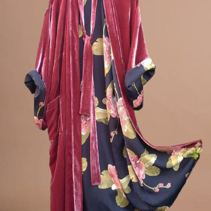 Satin Floral Off-Shoulder Fleece Pajama Dress with Waist Belt
