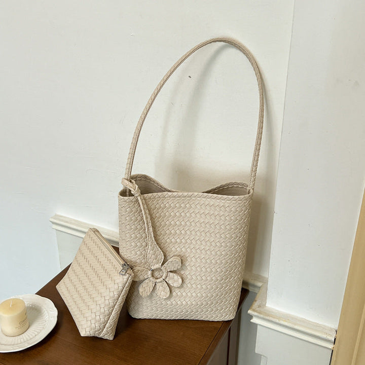 Woven Leather Floral Tote Bag with Matching Pouch