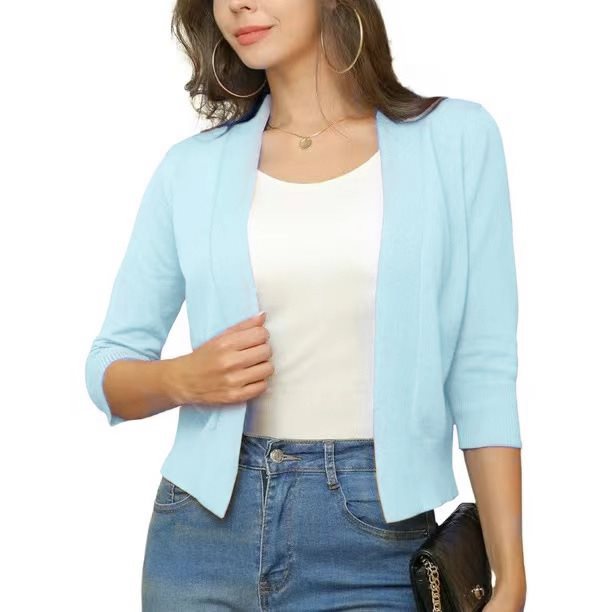 Open Front Casual Cardigan with Three-Quarter Sleeves
