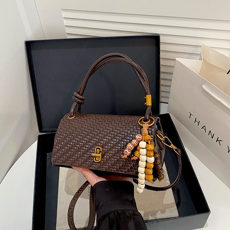 Artisan Woven Leather Shoulder Bag with Beaded Details