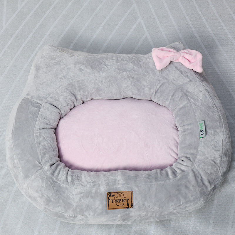 Plush Bow Accent Pet Lounger - Soft Fabric Dog Bed