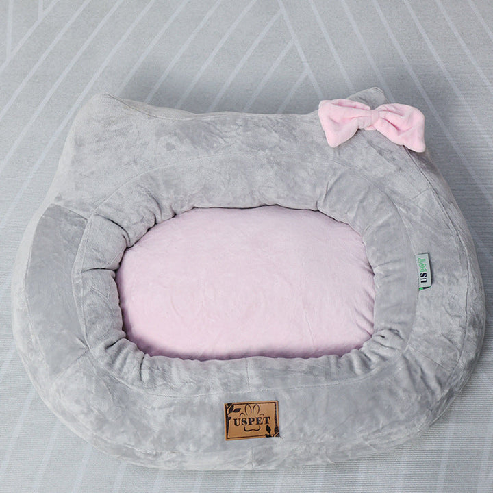 Plush Bow Accent Pet Lounger - Soft Fabric Dog Bed