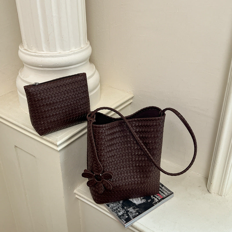 Woven Leather Floral Tote Bag with Matching Pouch