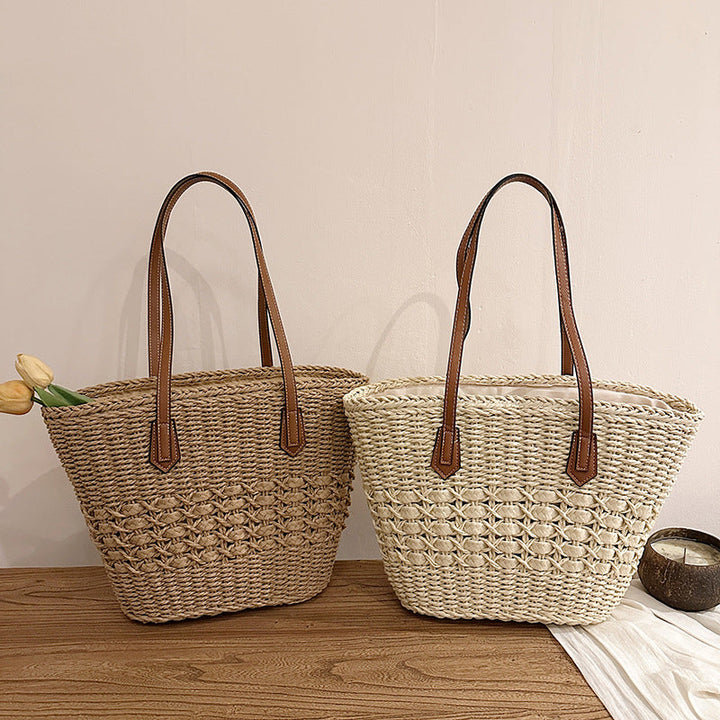 Summer Woven Straw Tote Bag with Faux Leather Handles