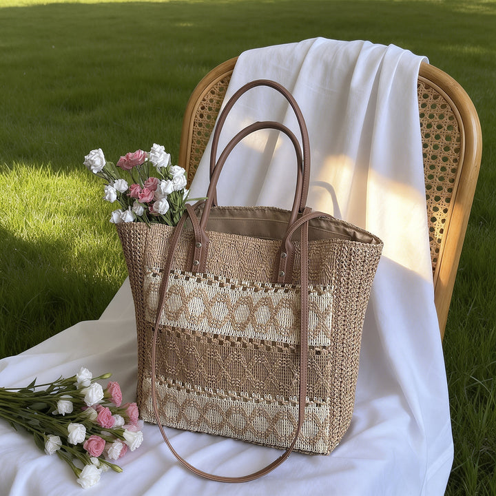 Natural Woven Straw Everyday Tote Bag for Shopping & Travel