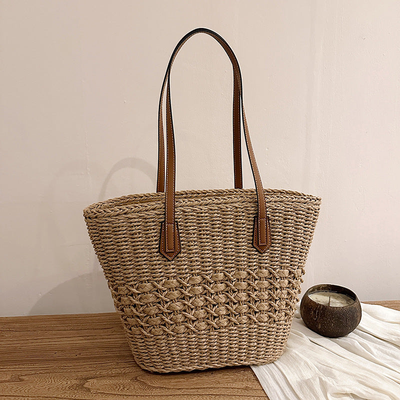 Summer Woven Straw Tote Bag with Faux Leather Handles
