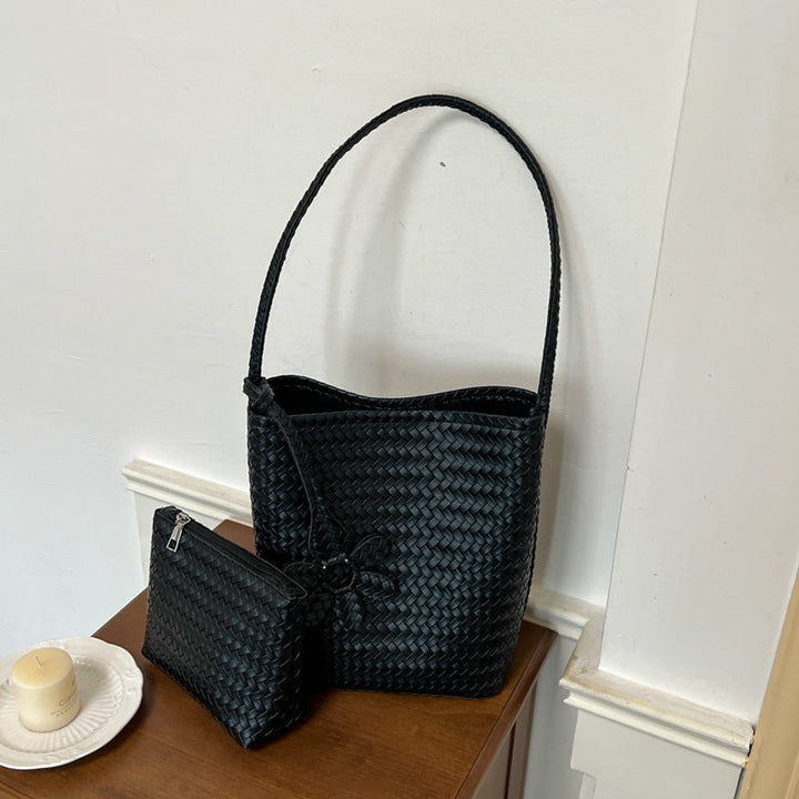 Woven Leather Floral Tote Bag with Matching Pouch