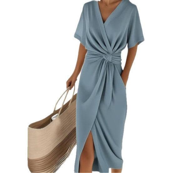 Elegant V-Neck Wrap Dress with Side Slit – Breathable Summer Style