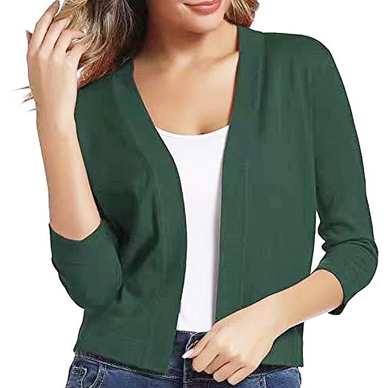 Open Front Casual Cardigan with Three-Quarter Sleeves