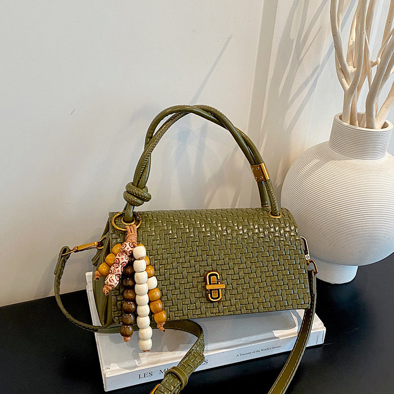 Artisan Woven Leather Shoulder Bag with Beaded Details