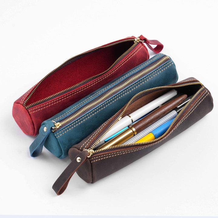 Premium Leather Writing Instrument Organizer with Zipper Closure