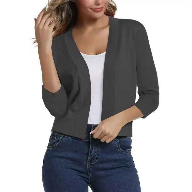 Open Front Casual Cardigan with Three-Quarter Sleeves