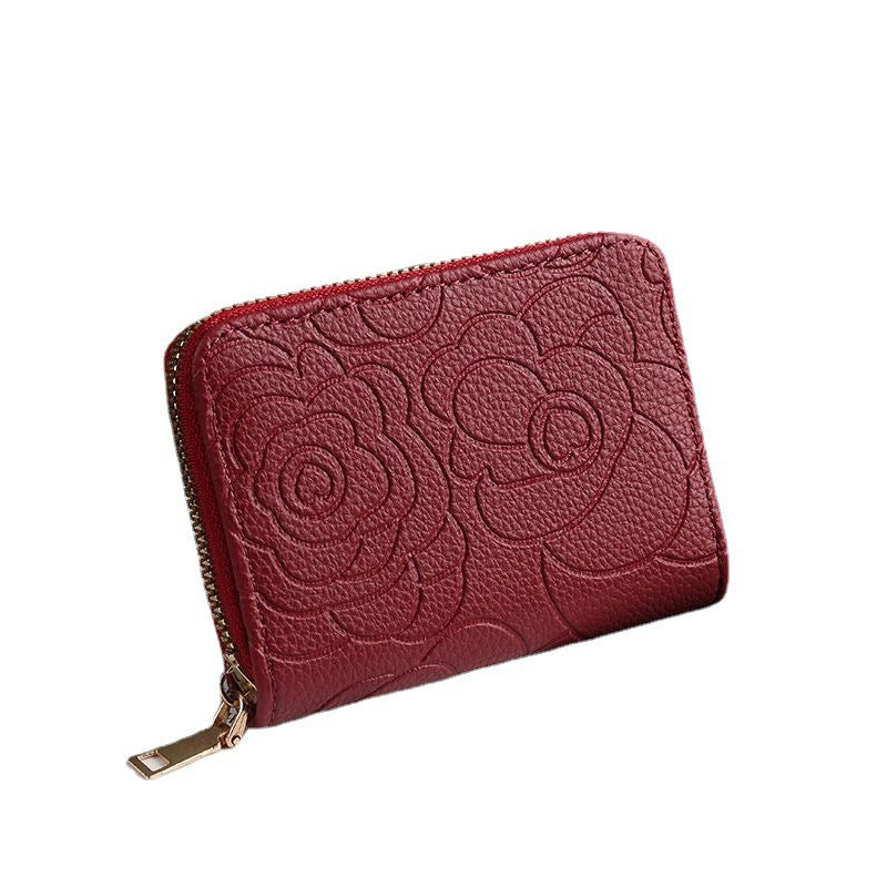 Embossed Floral Leather Zip Wallet for Women