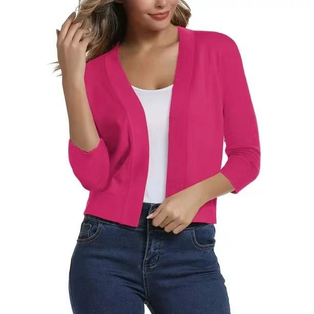 Open Front Casual Cardigan with Three-Quarter Sleeves