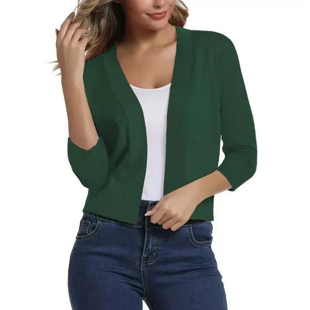 Open Front Casual Cardigan with Three-Quarter Sleeves