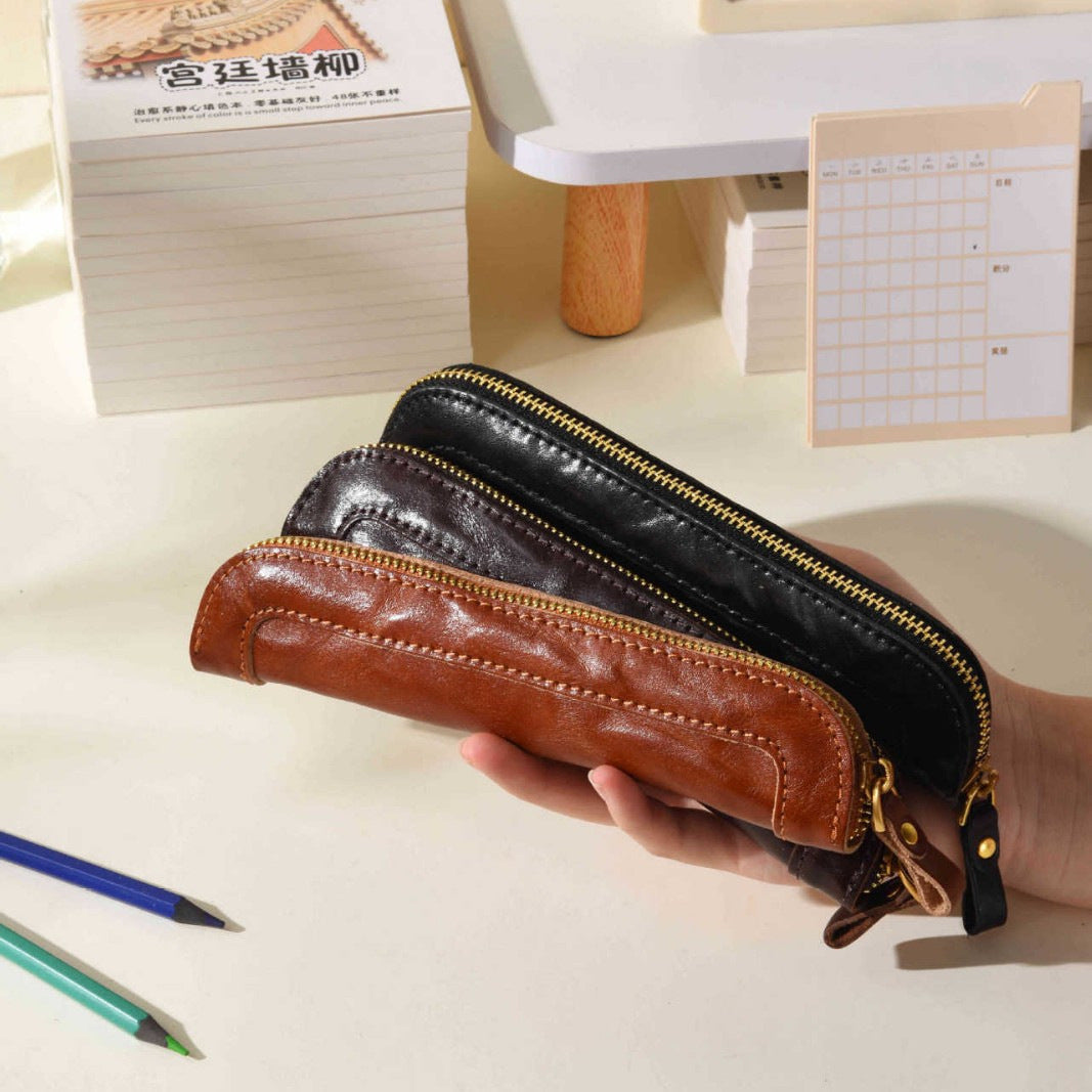 Premium Leather Desk Organizer - Genuine Leather Pencil Case