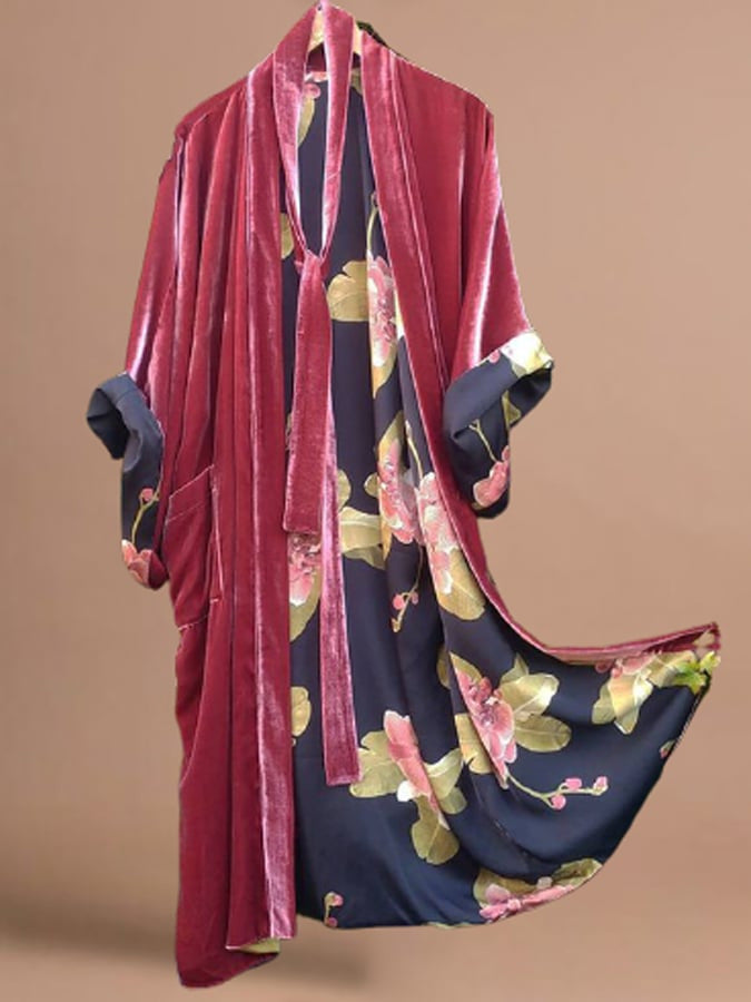 Satin Floral Off-Shoulder Fleece Pajama Dress with Waist Belt