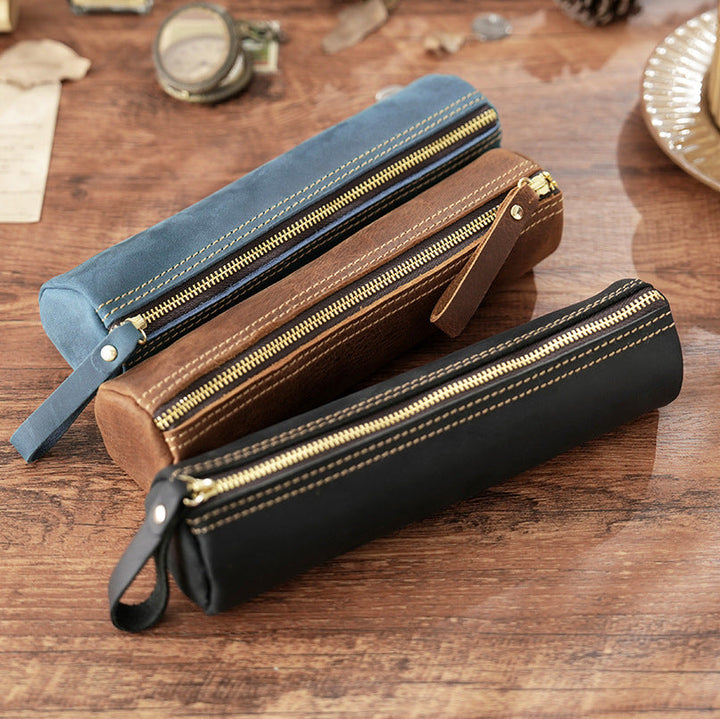 Premium Leather Writing Instrument Organizer with Zipper Closure