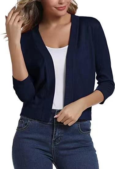Open Front Casual Cardigan with Three-Quarter Sleeves