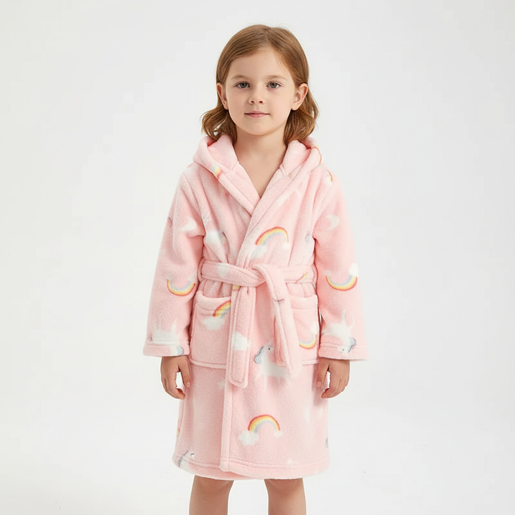 Soft Coral Fleece Kids Robe with Hood - Cozy Warmth for Boys and Girls