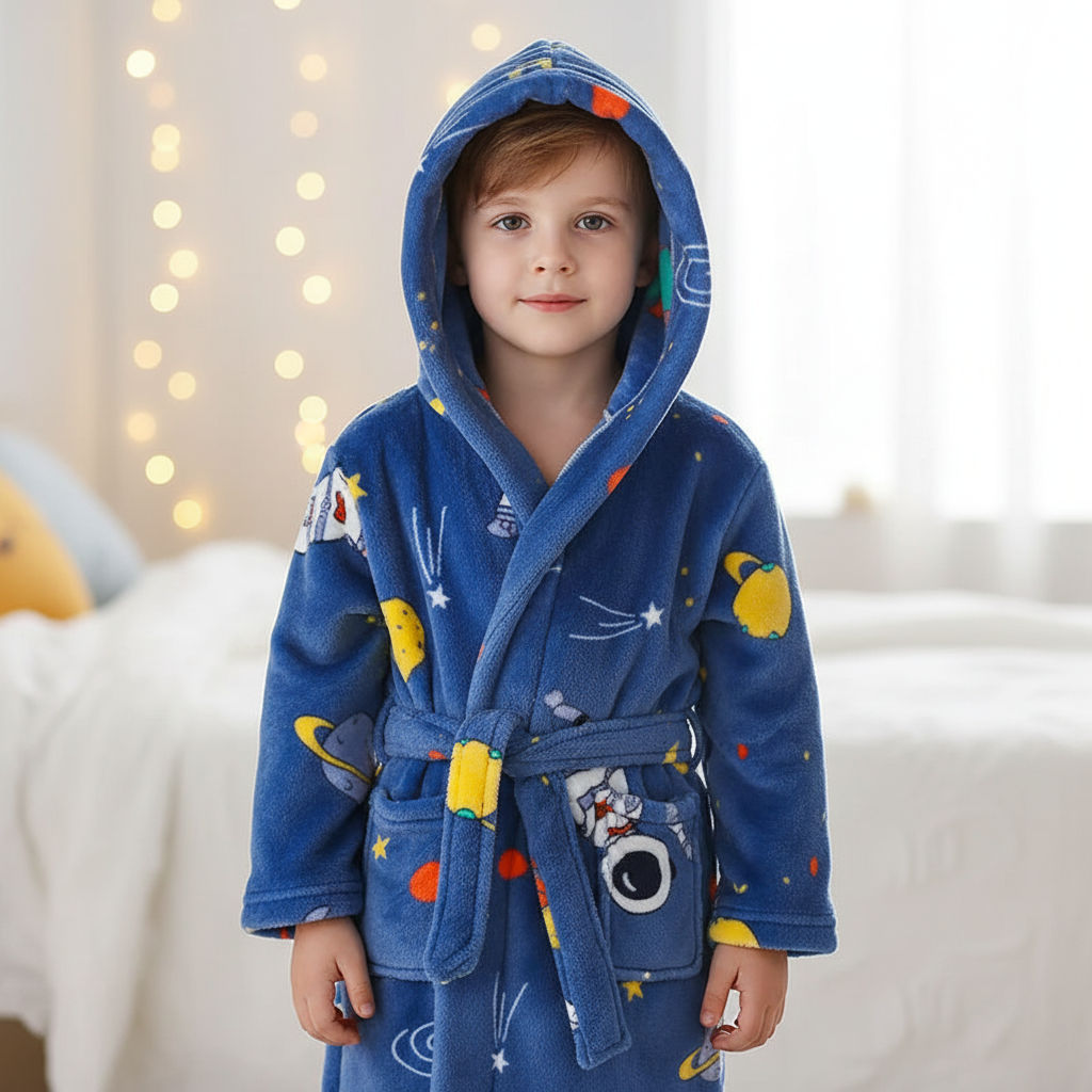 Soft Coral Fleece Kids Robe with Hood - Cozy Warmth for Boys and Girls