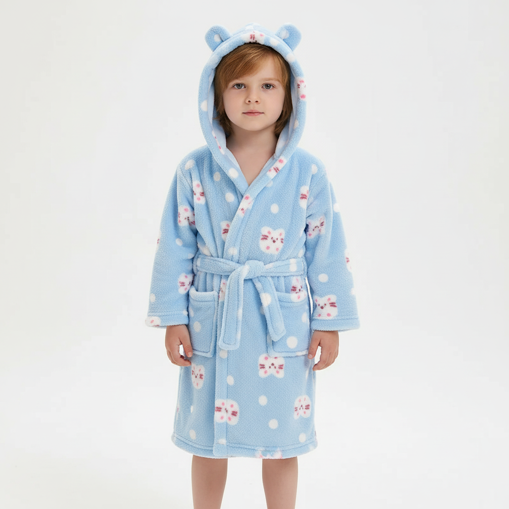 Soft Coral Fleece Kids Robe with Hood - Cozy Warmth for Boys and Girls