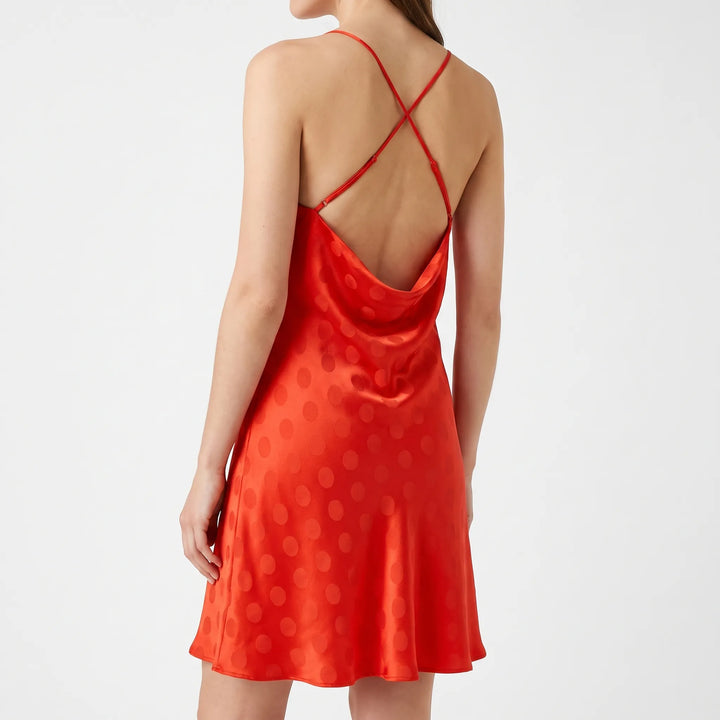 Vibrant Red Backless A-Line Slip Dress with Dotted Texture