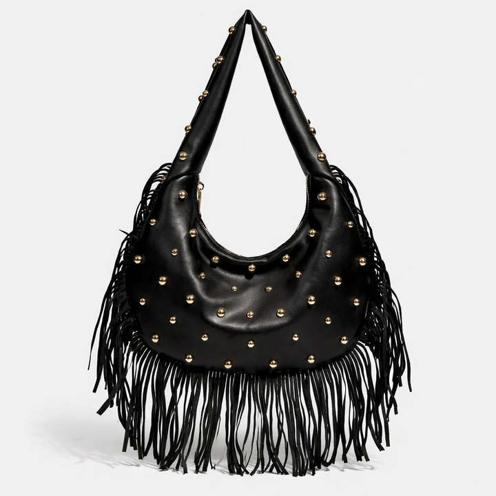 Roca – Studded Fringe Hobo Bag, Vegan Cowhide Shoulder Bag