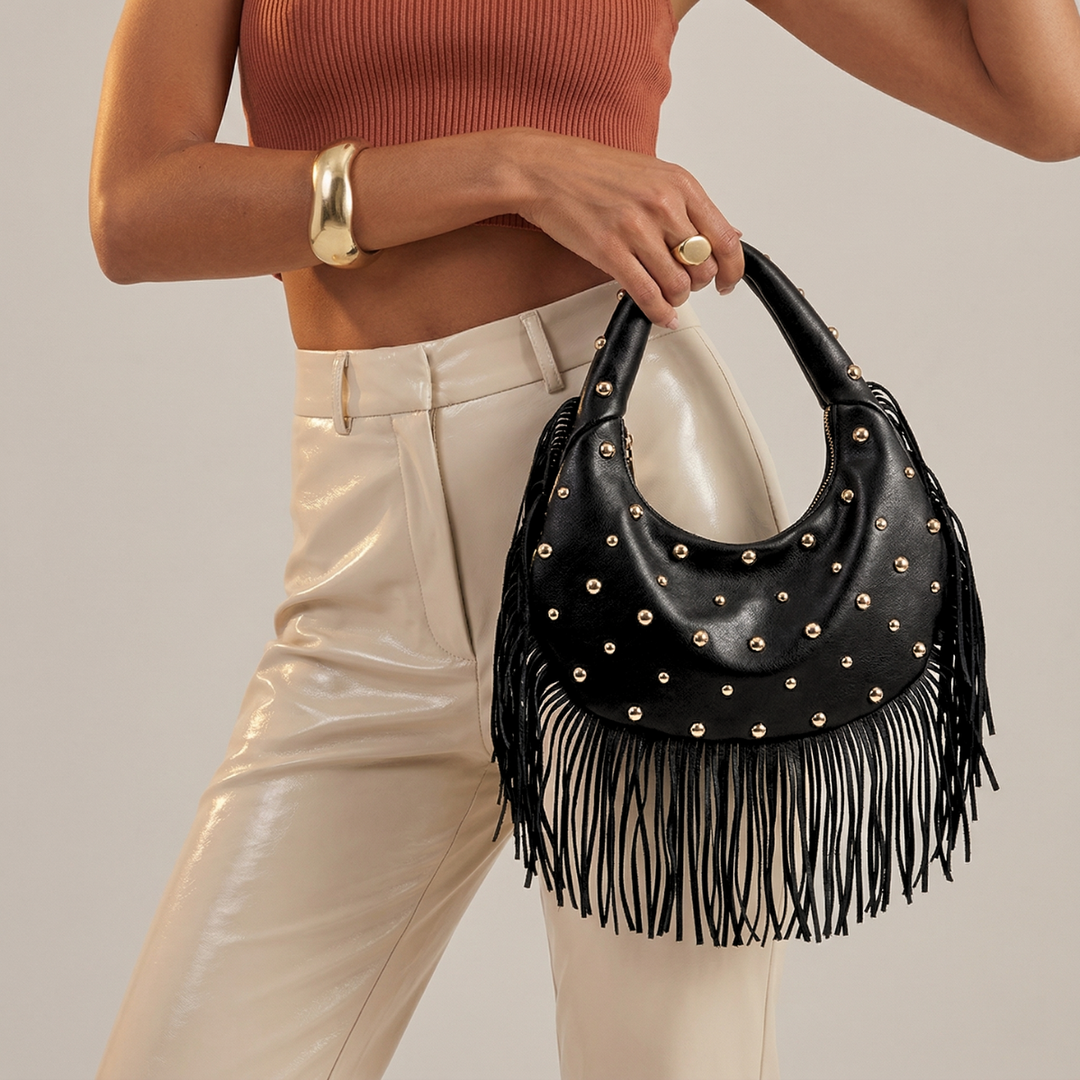 Roca – Studded Fringe Hobo Bag, Vegan Cowhide Shoulder Bag