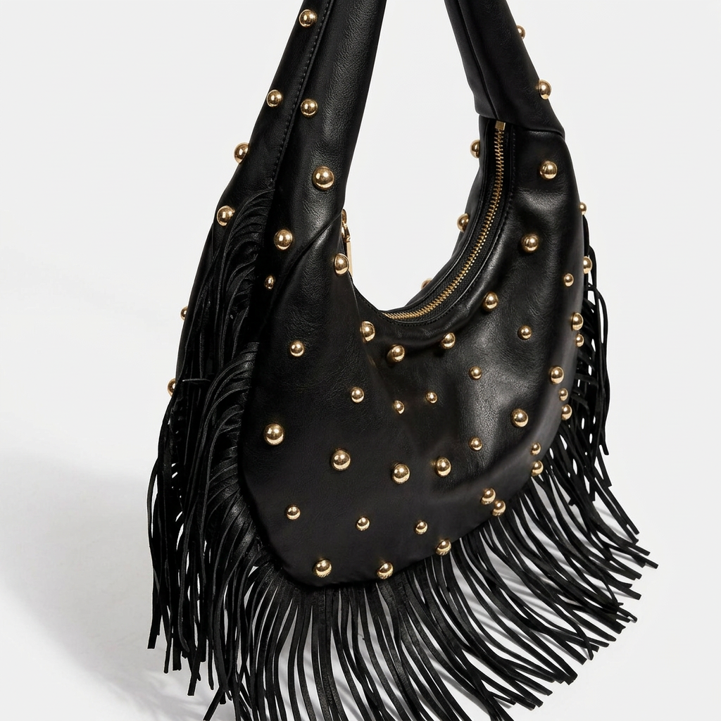 Roca – Studded Fringe Hobo Bag, Vegan Cowhide Shoulder Bag