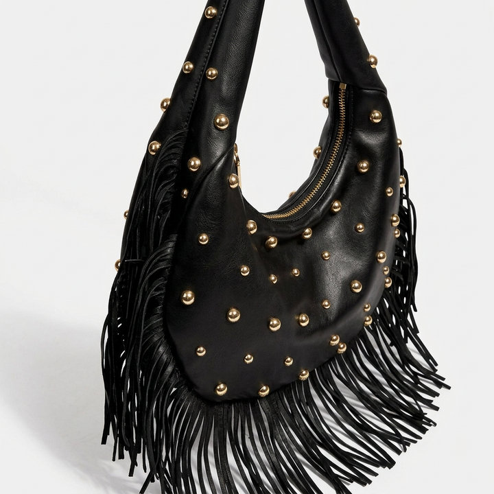 Roca – Studded Fringe Hobo Bag, Vegan Cowhide Shoulder Bag