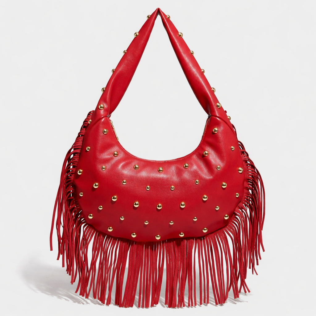 Roca – Studded Fringe Hobo Bag, Vegan Cowhide Shoulder Bag