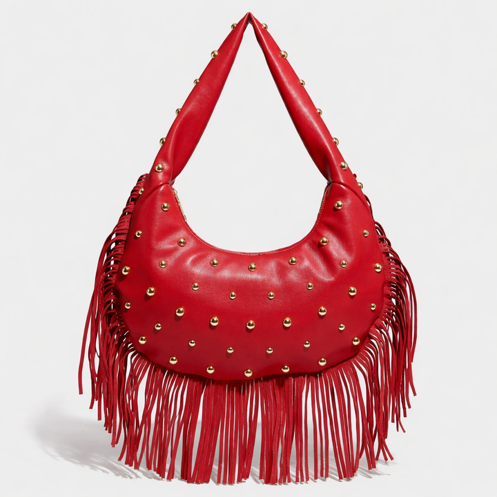 Roca – Studded Fringe Hobo Bag, Vegan Cowhide Shoulder Bag