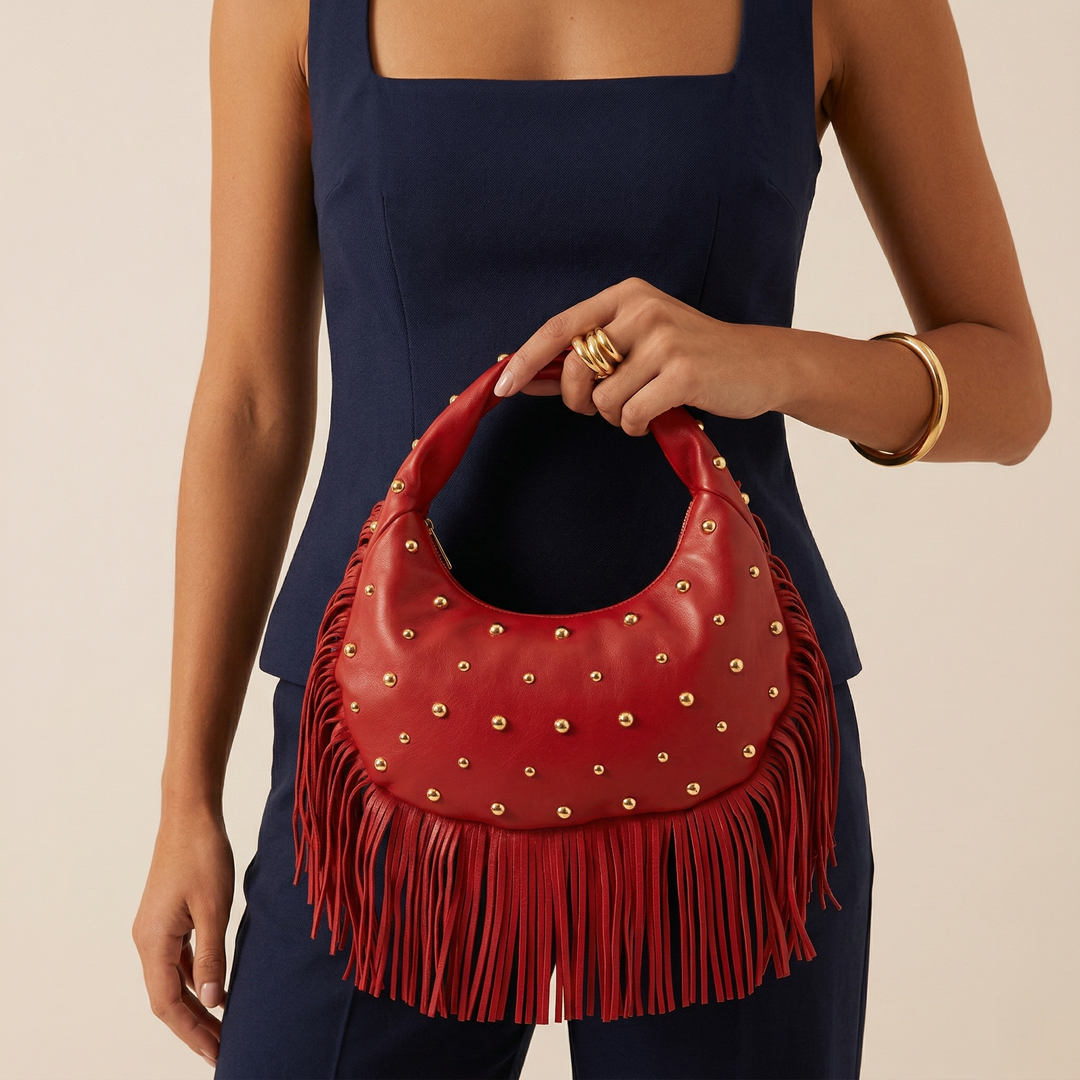 Roca – Studded Fringe Hobo Bag, Vegan Cowhide Shoulder Bag