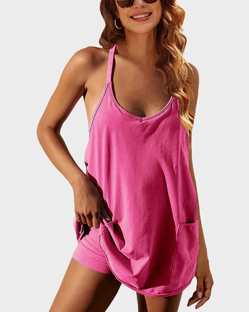 Lightweight Scoop Neck Summer Mini Dress with Built-In Shorts - Casual Women's Fashion