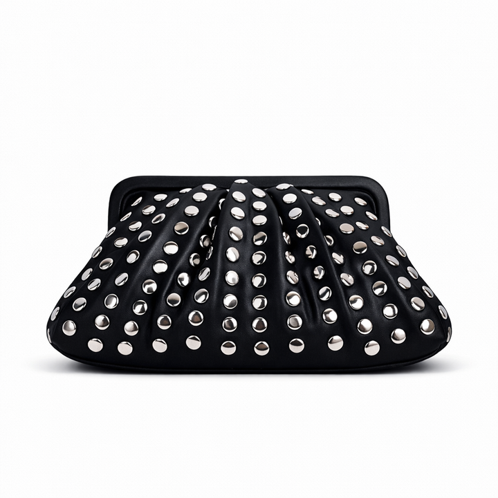 Roux – Studded Vegan Leather Ruched Clutch Bag with Frame Closure