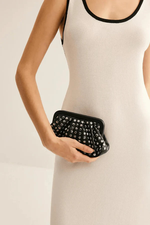 Roux – Studded Vegan Leather Ruched Clutch Bag with Frame Closure