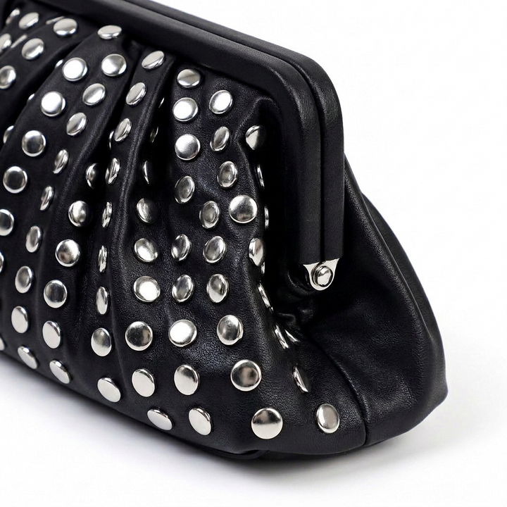 Roux – Studded Vegan Leather Ruched Clutch Bag with Frame Closure