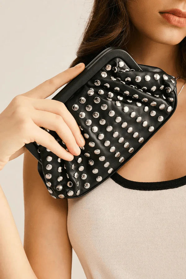 Roux – Studded Vegan Leather Ruched Clutch Bag with Frame Closure