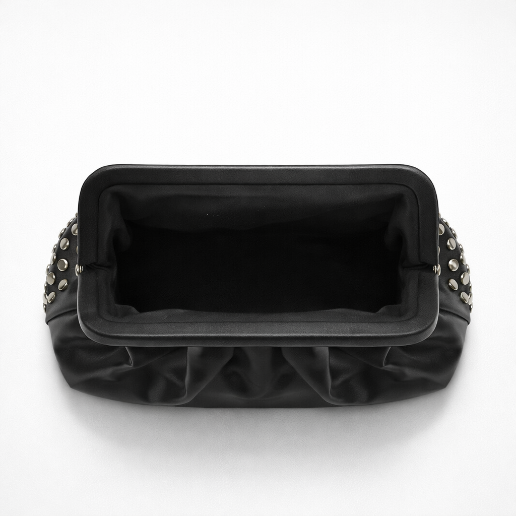 Roux – Studded Vegan Leather Ruched Clutch Bag with Frame Closure