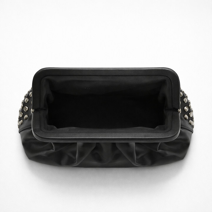 Roux – Studded Vegan Leather Ruched Clutch Bag with Frame Closure