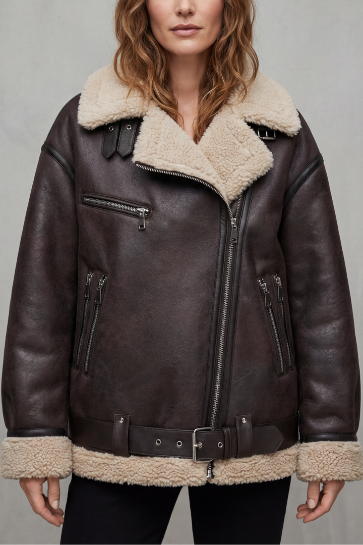 Women's Belted Shearling Aviator Jacket – Premium Warmth & Style