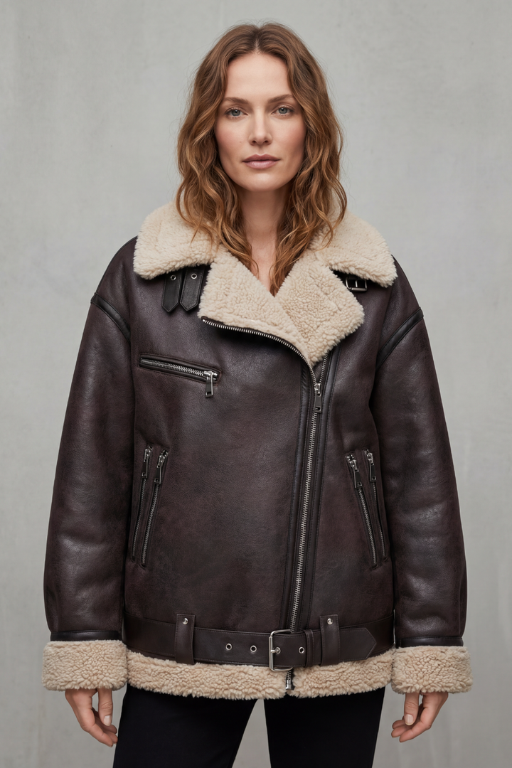 Women's Belted Shearling Aviator Jacket – Premium Warmth & Style