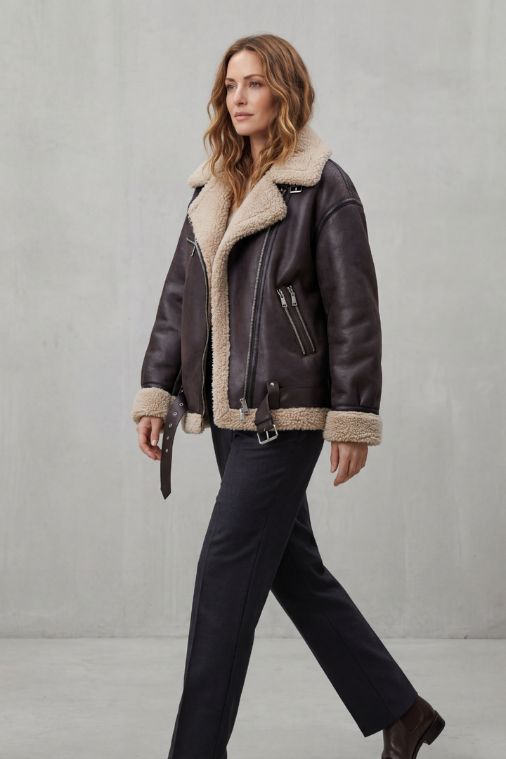 Women's Belted Shearling Aviator Jacket – Premium Warmth & Style