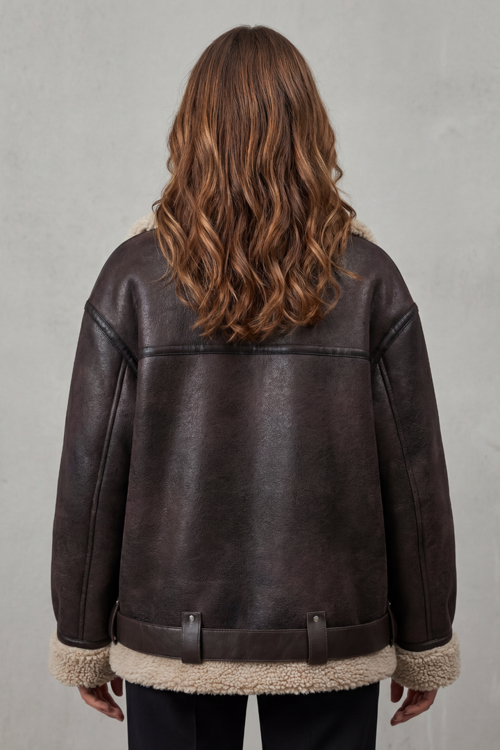 Women's Belted Shearling Aviator Jacket – Premium Warmth & Style