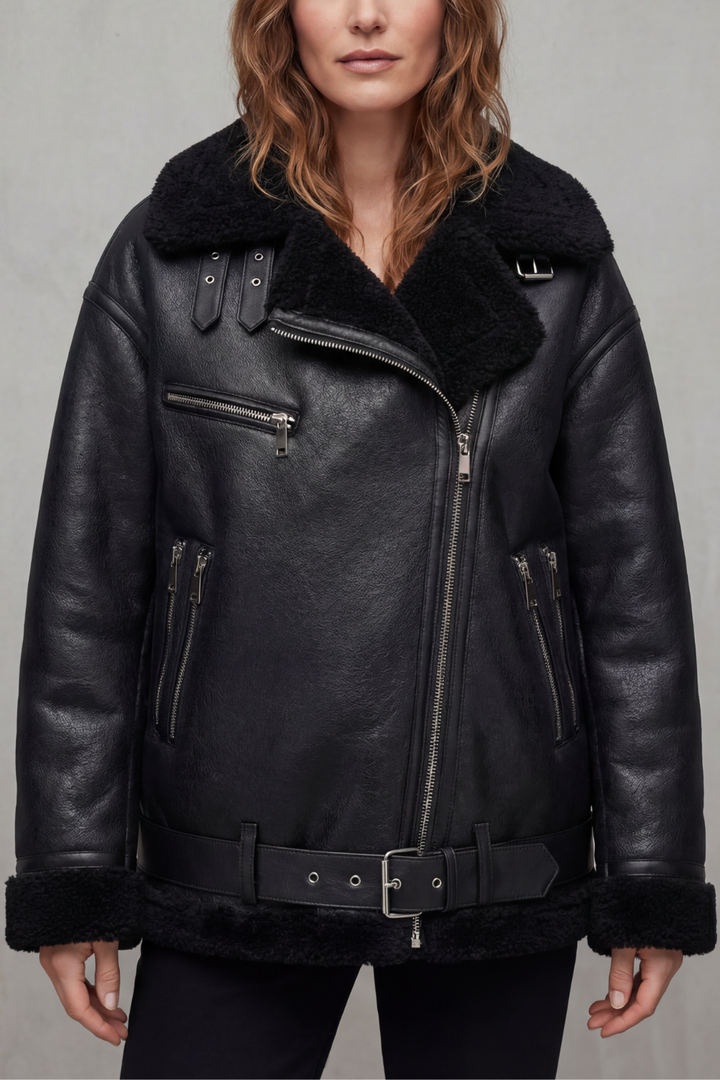 Women's Belted Shearling Aviator Jacket – Premium Warmth & Style