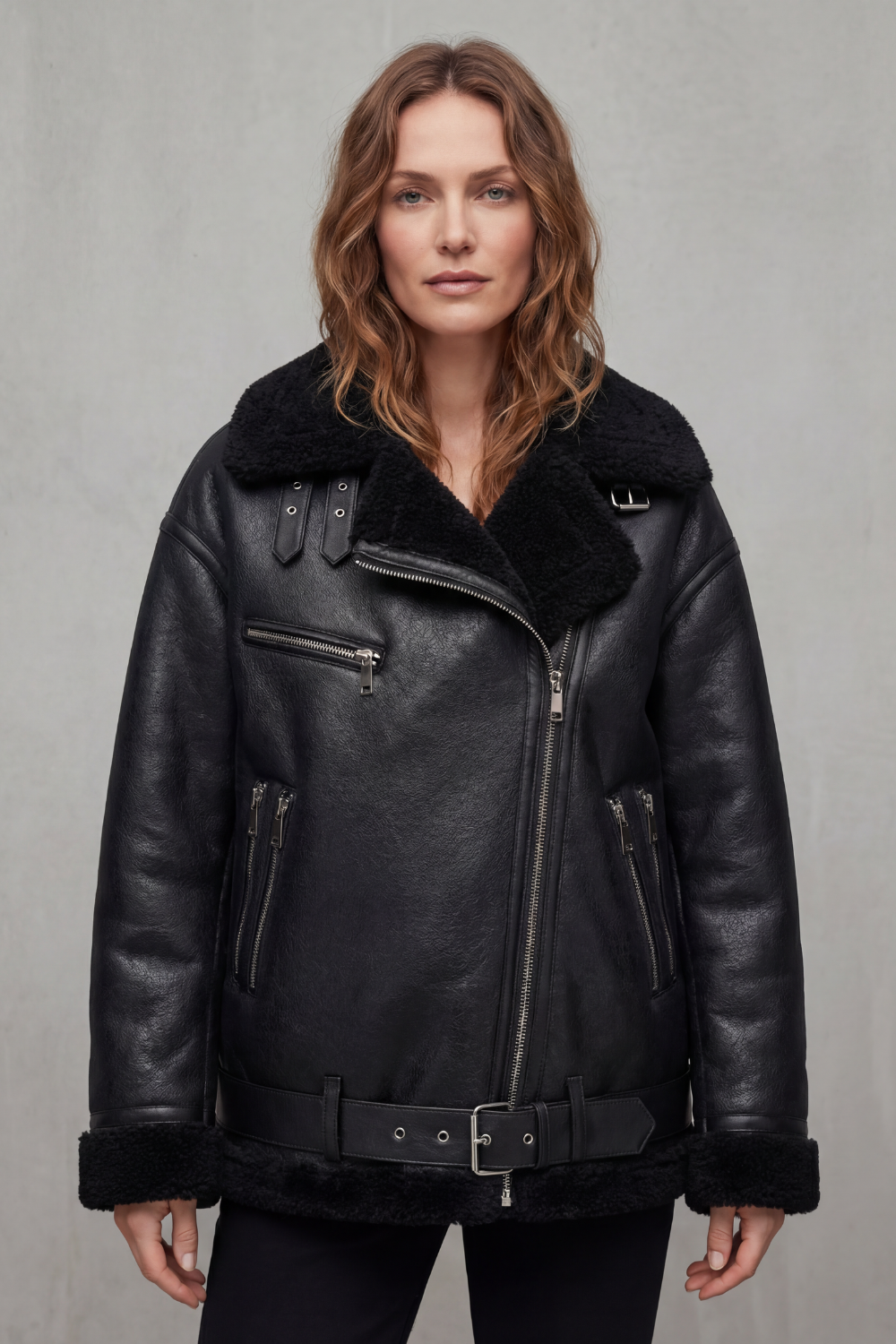 Women's Belted Shearling Aviator Jacket – Premium Warmth & Style